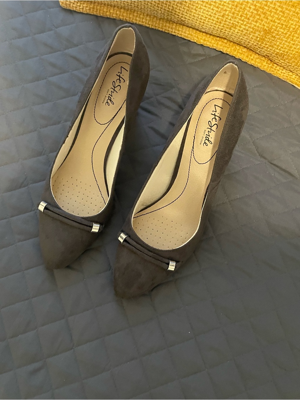 Life Stride Dark Grey Pointed Toe Suede heels with Bow Accent